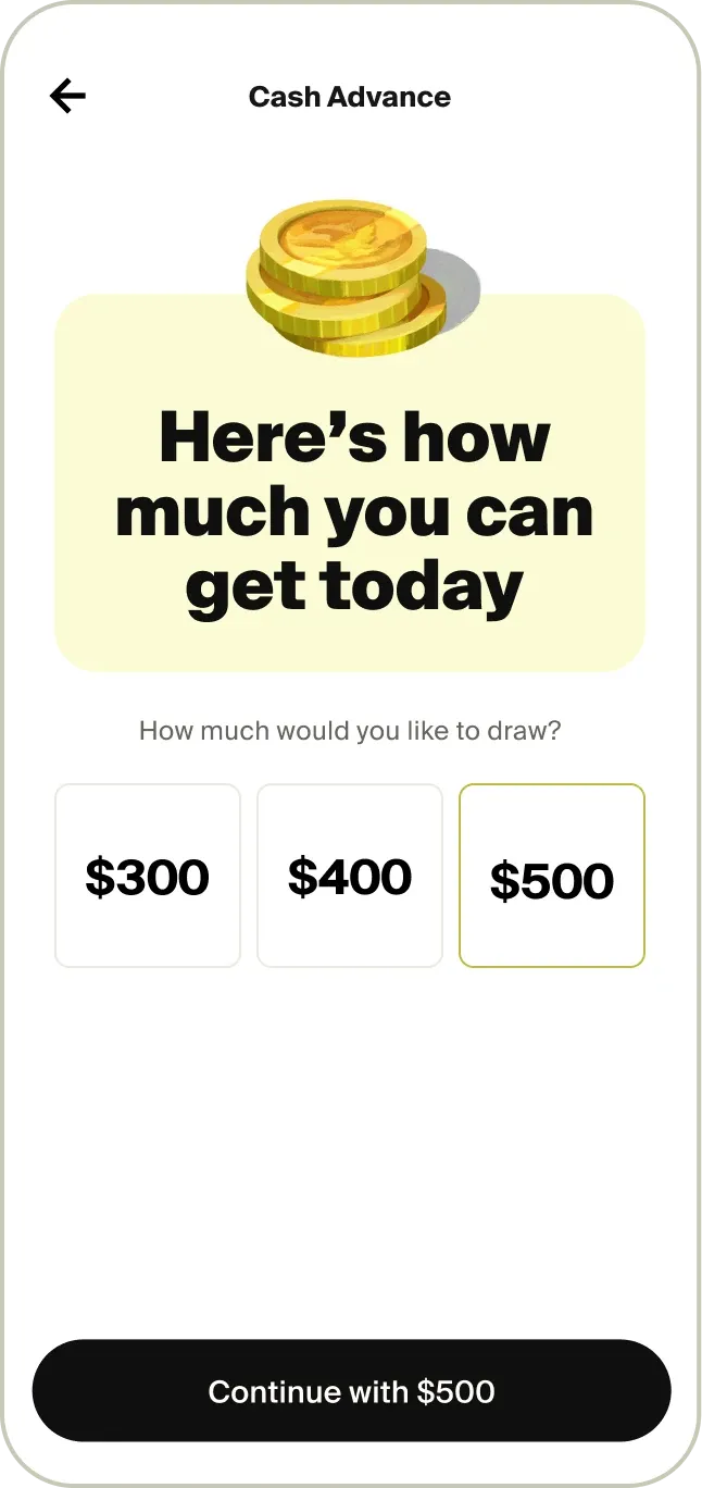 Tilt app Cash Advance screen showing how much you can get today with options from $300 to $500.