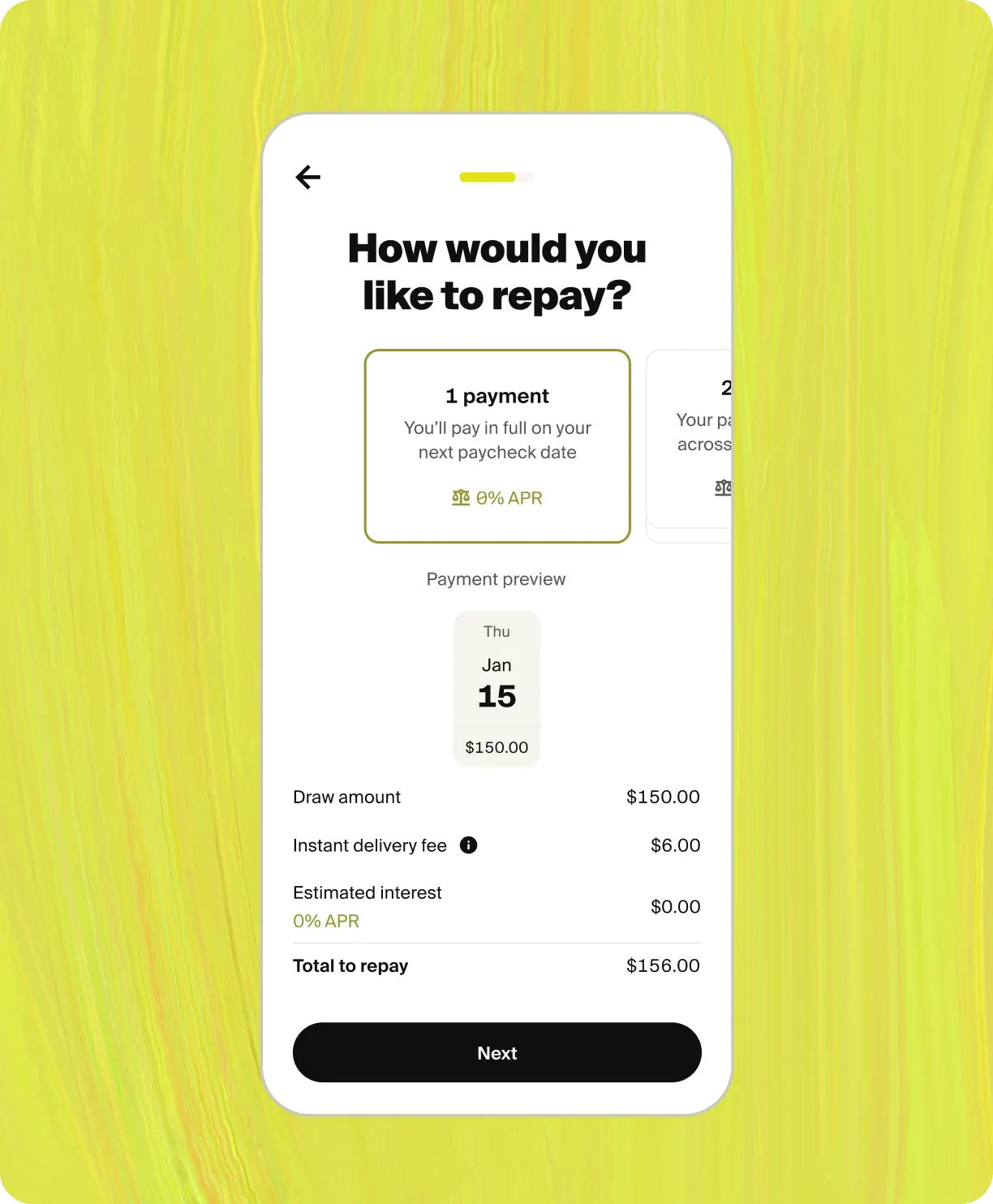 Tilt app Line of Credit payment schedule screen showing automatic repayment on the next paycheck date with 0% APR.