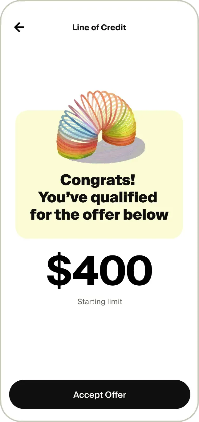 Tilt app Line of Credit screen confirming qualification for a $400 starting limit.