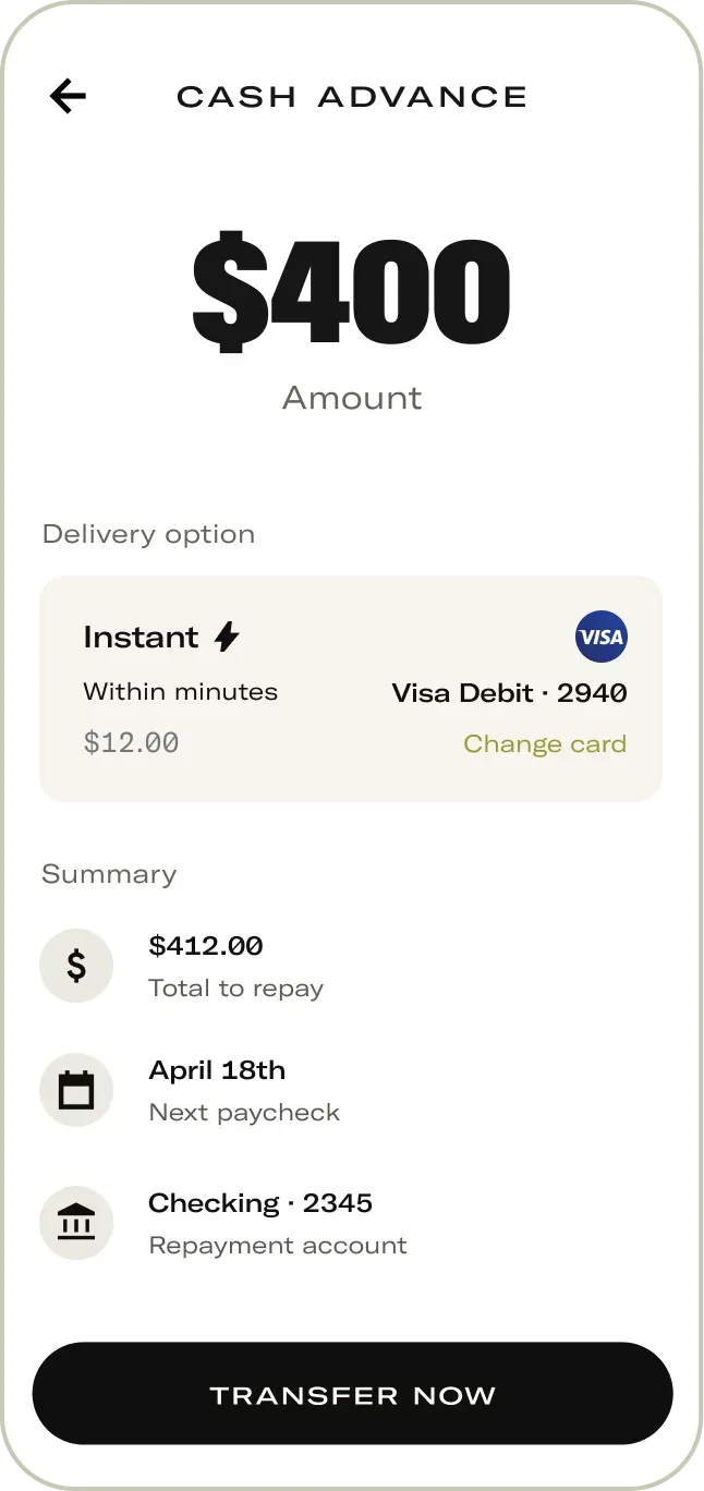 mobile app showing cash advance amount