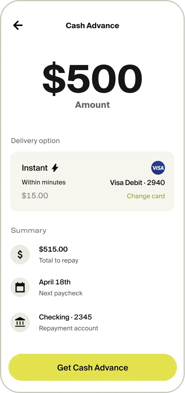 Tilt app Cash Advance screen showing a $500 advance with instant delivery option and repayment summary.