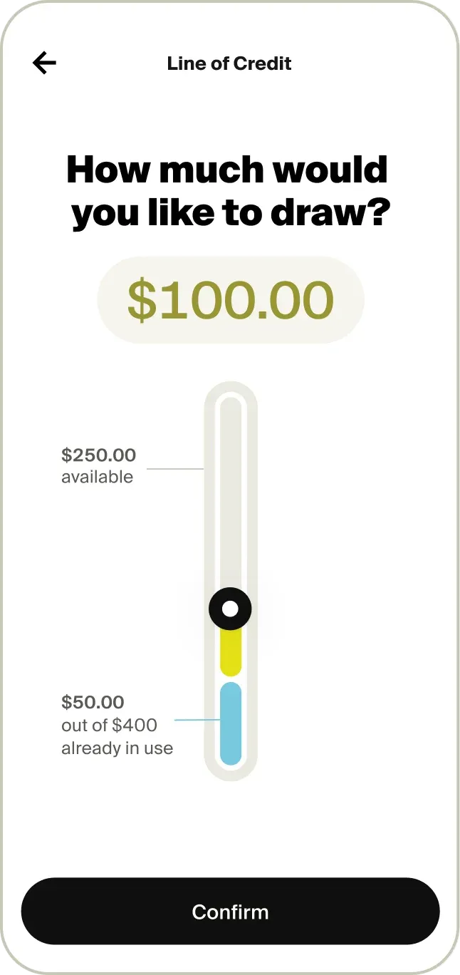 Tilt app Line of Credit draw screen with a slider set to $100.00 out of $250.00 available.