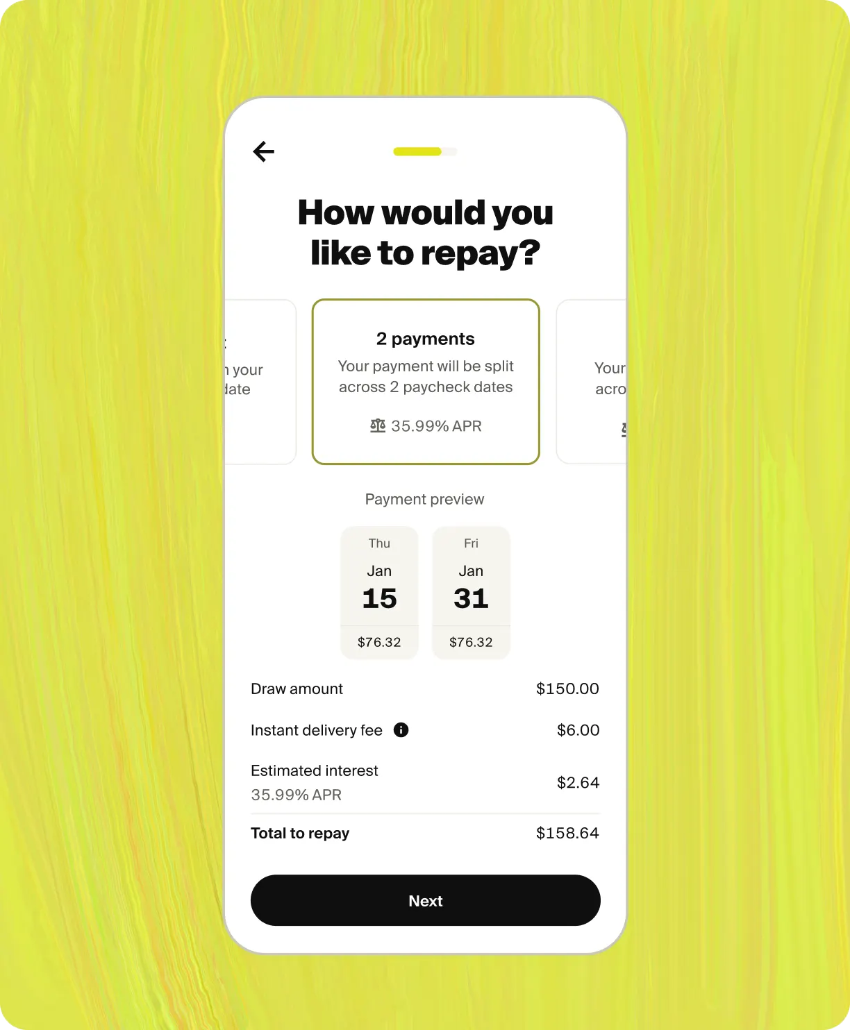 Tilt app Line of Credit screen displaying flexible payment options with paycheck-based split payments in 2 or 4 and custom date selection.