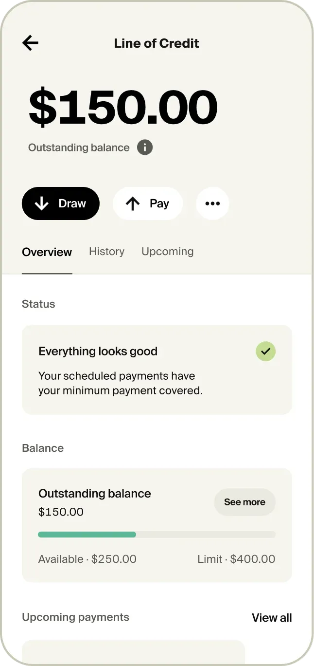 Tilt app Line of Credit overview screen showing a $150.00 outstanding balance, draw and pay actions, and upcoming payments.