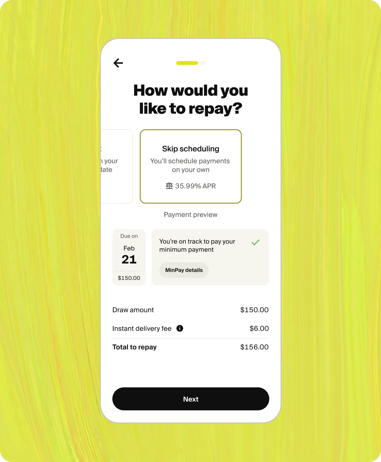 Tilt app Line of Credit screen showing flexible custom repayment date calendar with user-selected payment scheduling