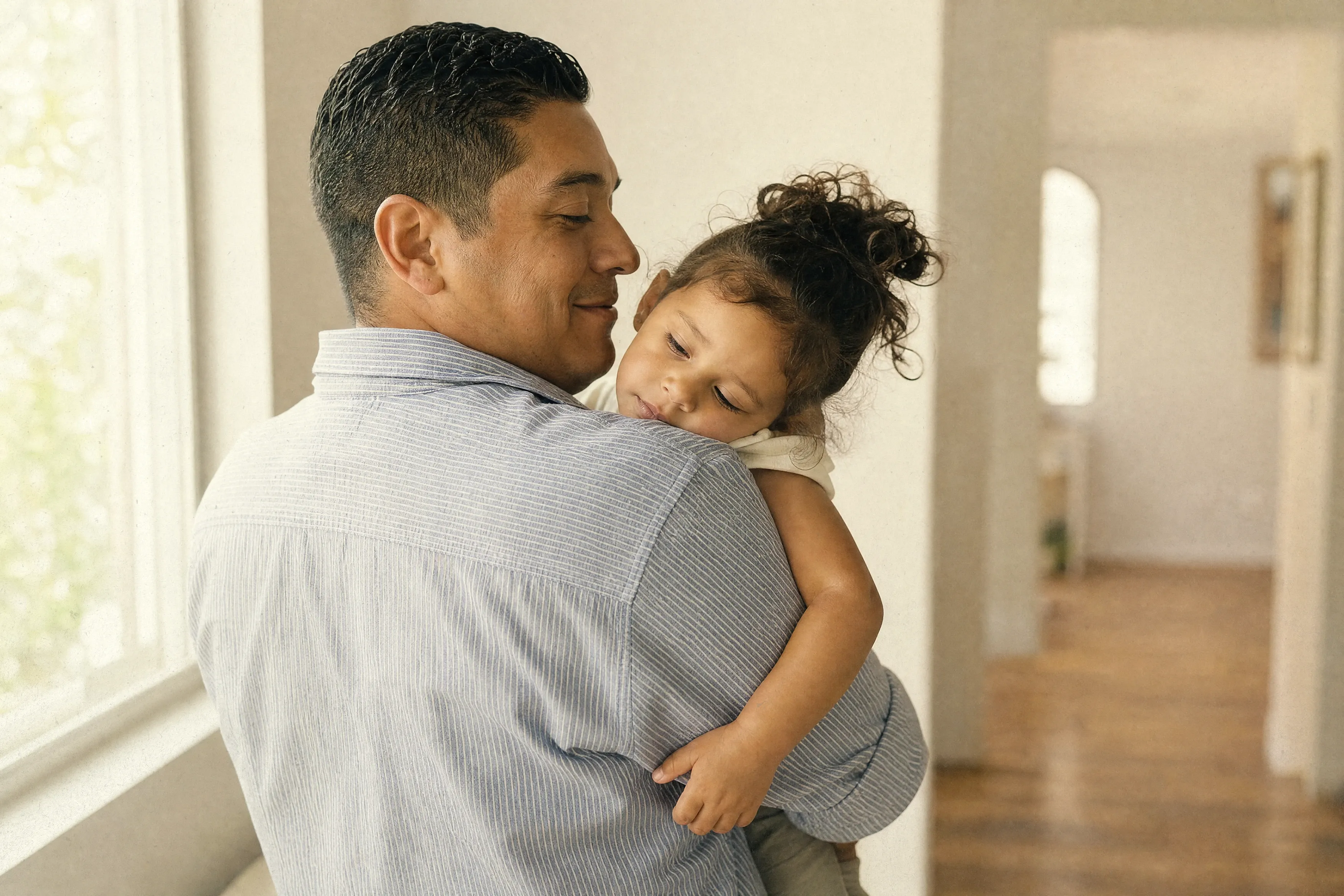 A father holding his young daughter in his arms