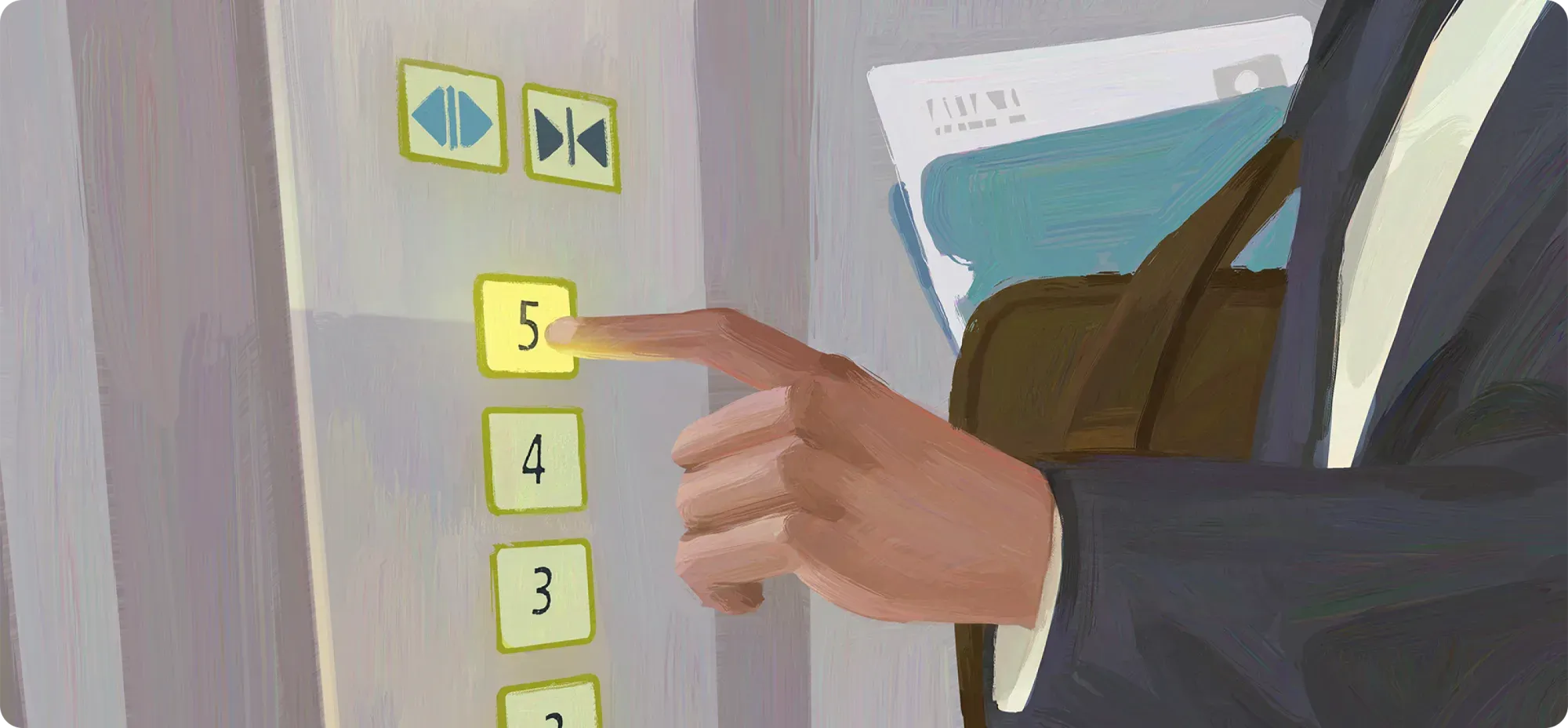 Illustration of a hand pressing the 5 button in an elevator